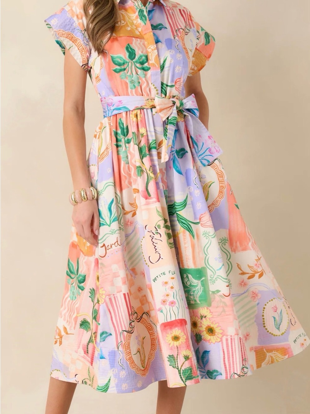 Prosperina Savannah Peach Multi Floral Cotton Midi Shirt Dress NWT M - Picture 2 of 16
